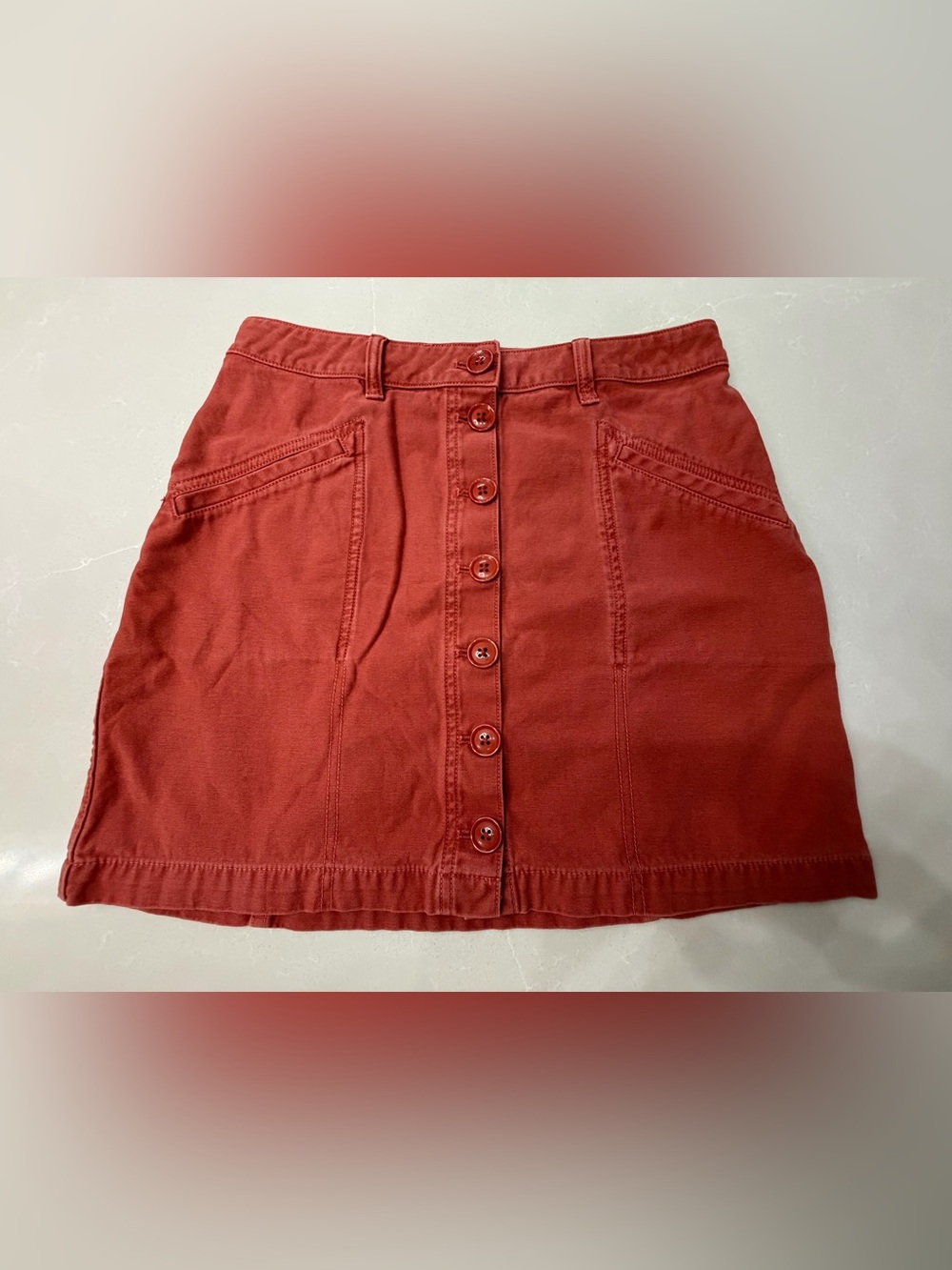 Marine Layer Avery Button Down Denim Mini Skirt Brick Red Rust, Size 4